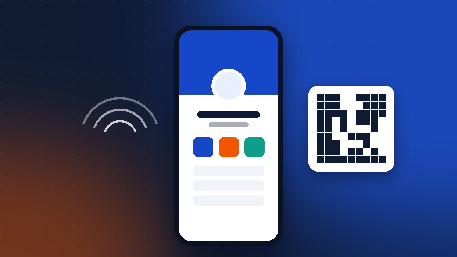 Telefon ekranında dijital kartvizit, yanında QR kod ve NFC dalgaları çizimi