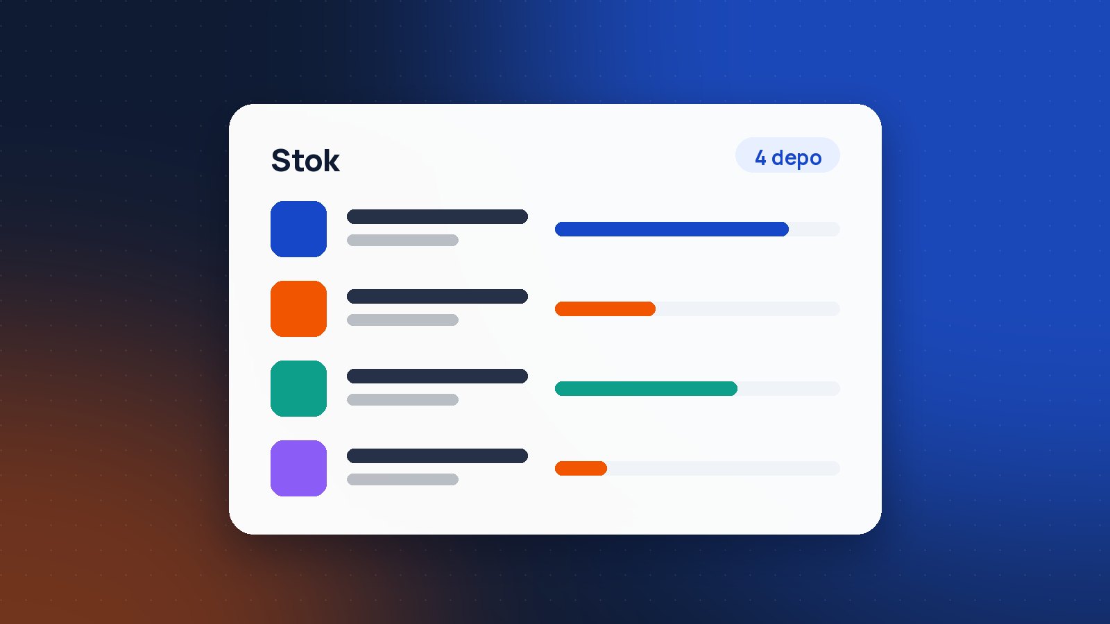 Renkli varyant satırları ve stok seviyesi çubuklarından oluşan stok ekranı çizimi